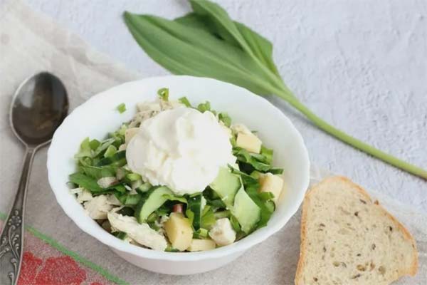 Hearty salad with chicken fillet and wild garlic